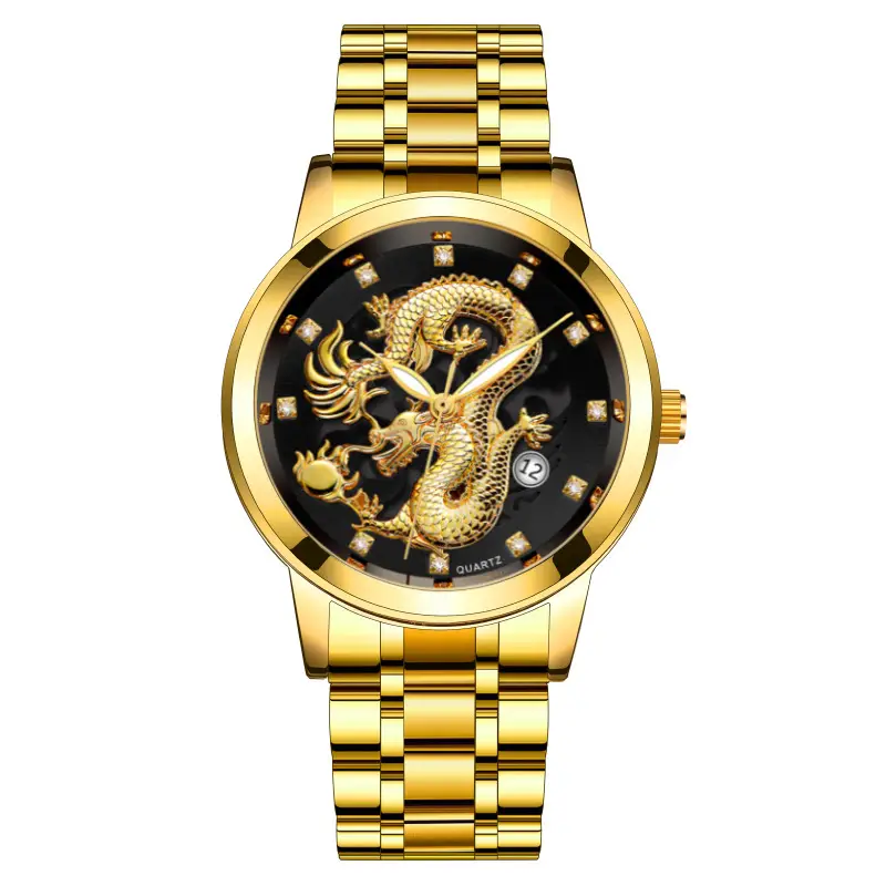 Foreign Trade Popular Fashion Calendar Men's Watch Men's Watch Steel Band Non-Mechanical Business Waterproof Luminous Hollow Dragon Watch - Image 3