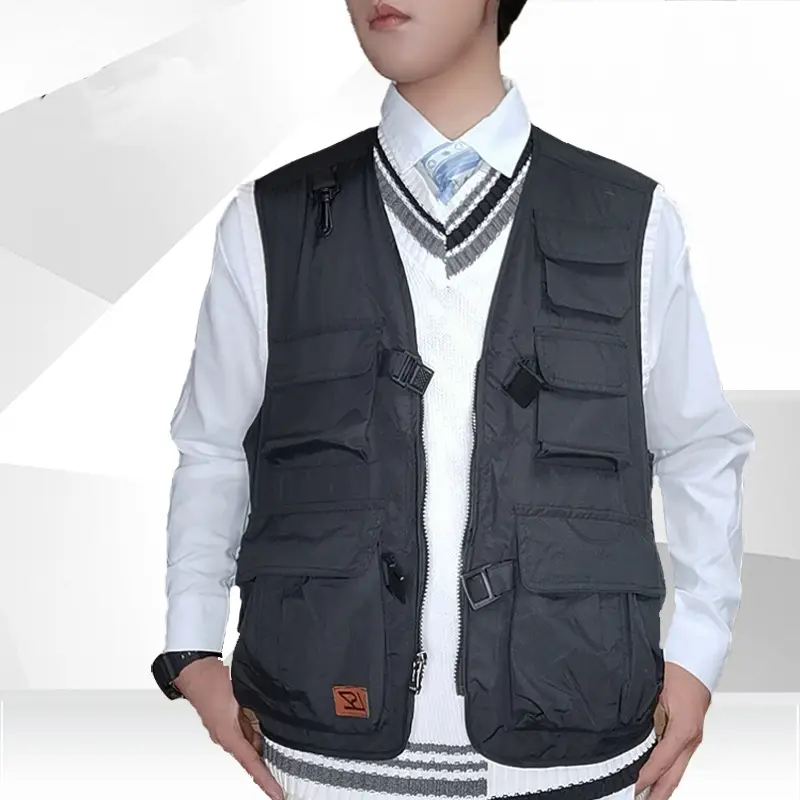 Men's Beige Printed Vest with 5 Pockets — feature 7