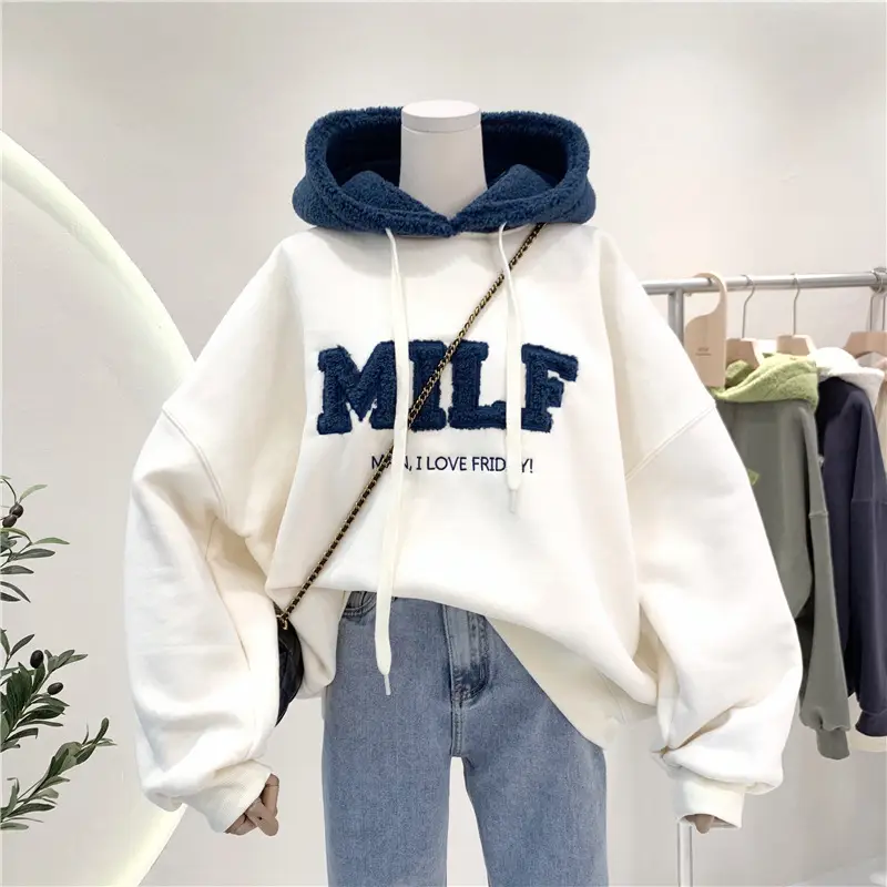 Women's Letter Stitched Hoodie Sweatshirt Grey Wool Fleece Winter 2020 - Image 13