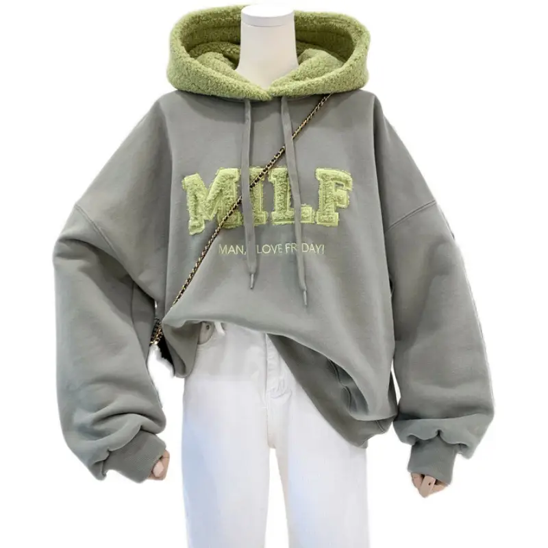 Women's Letter Stitched Hoodie Sweatshirt Grey Wool Fleece Winter 2020 - Image 14