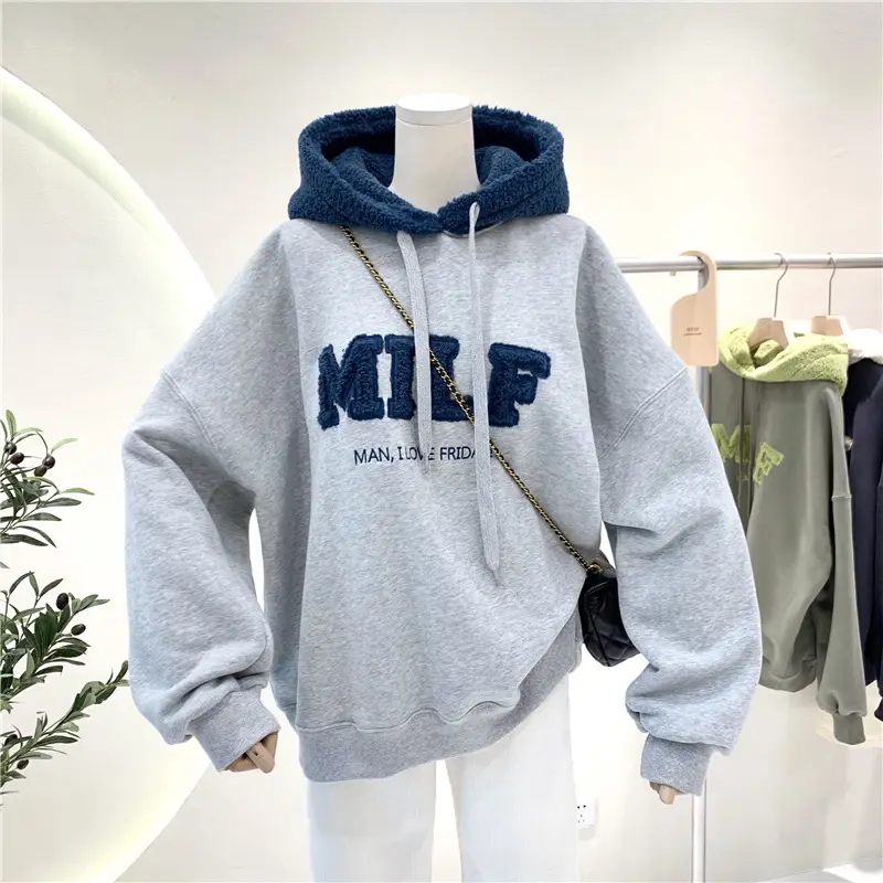 Women's Letter Stitched Hoodie Sweatshirt Grey Wool Fleece Winter 2020 - Image 3