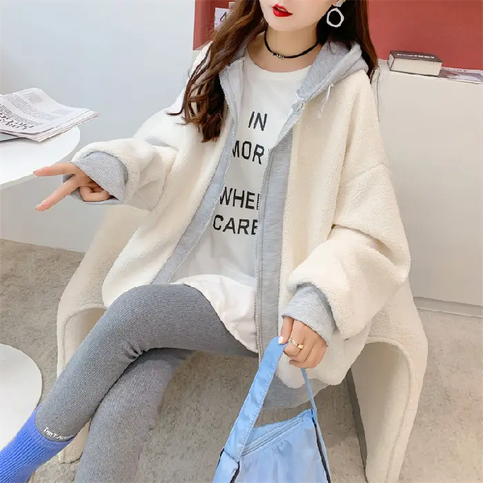 Women's Letter Stitched Hoodie Sweatshirt Grey Wool Fleece Winter 2020 - Image 5