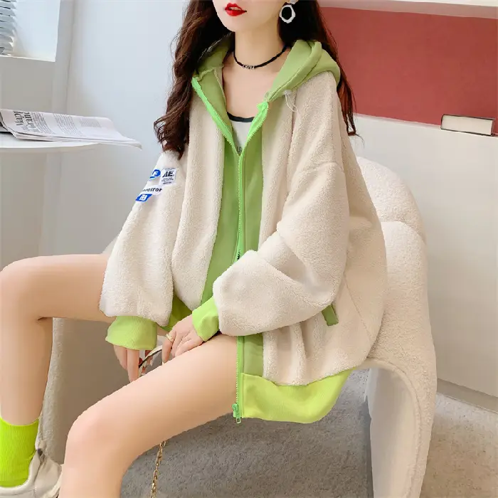 Women's Letter Stitched Hoodie Sweatshirt Grey Wool Fleece Winter 2020 - Image 7