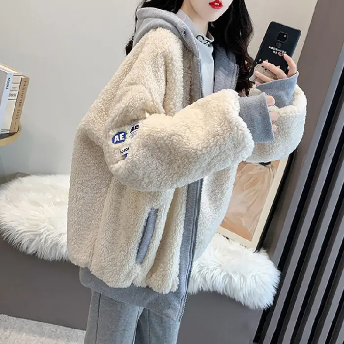 Women's Letter Stitched Hoodie Sweatshirt Grey Wool Fleece Winter 2020 - Image 8