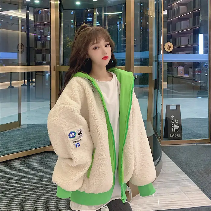 Women's Letter Stitched Hoodie Sweatshirt Grey Wool Fleece Winter 2020 - Image 9