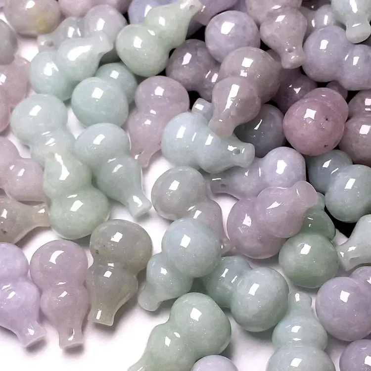 Natural Jade Pendant Necklace Set Light Green Violet Small Gourd - Image 3