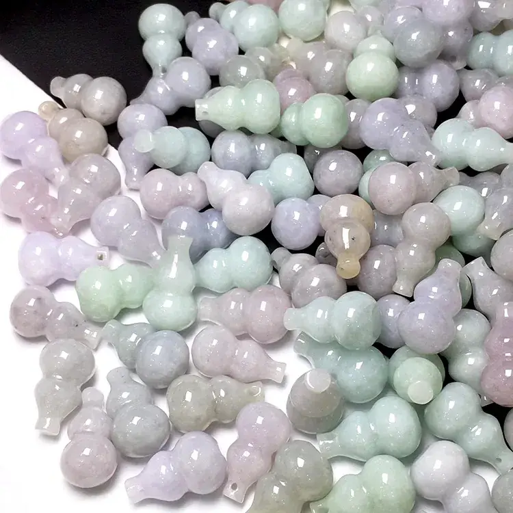 Natural Jade Pendant Necklace Set Light Green Violet Small Gourd - Image 4