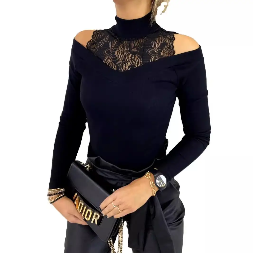 White Lace Off-Shoulder Long Sleeve Top with Embroidered Neckline - Image 4
