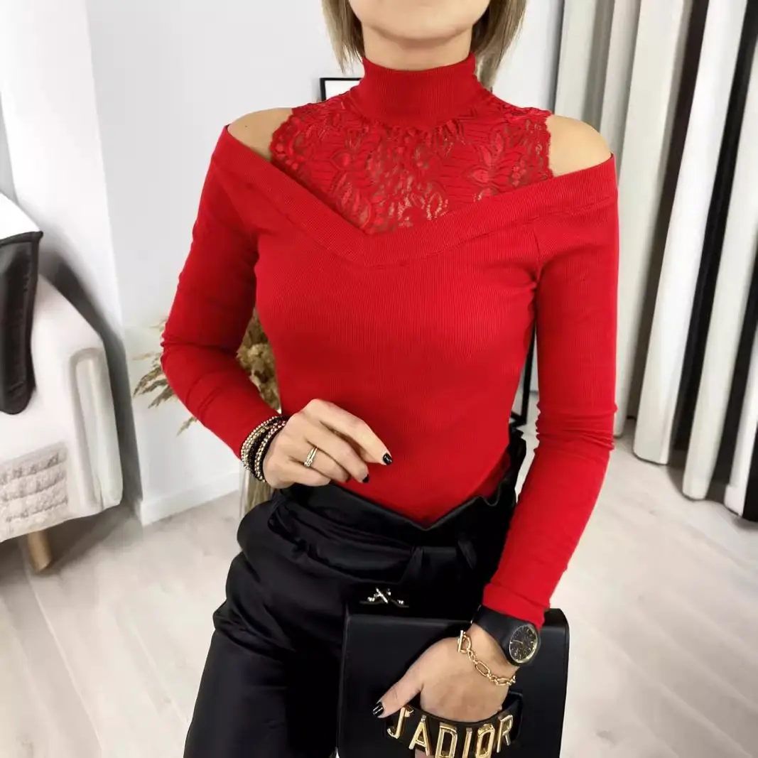 White Lace Off-Shoulder Long Sleeve Top with Embroidered Neckline - Image 5