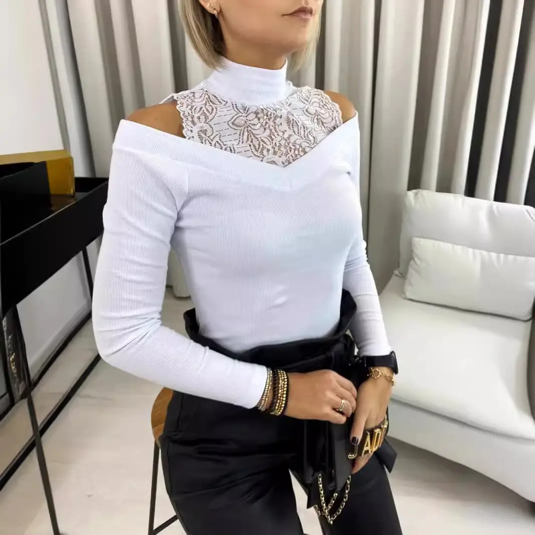 White Lace Off-Shoulder Long Sleeve Top with Embroidered Neckline - Image 6