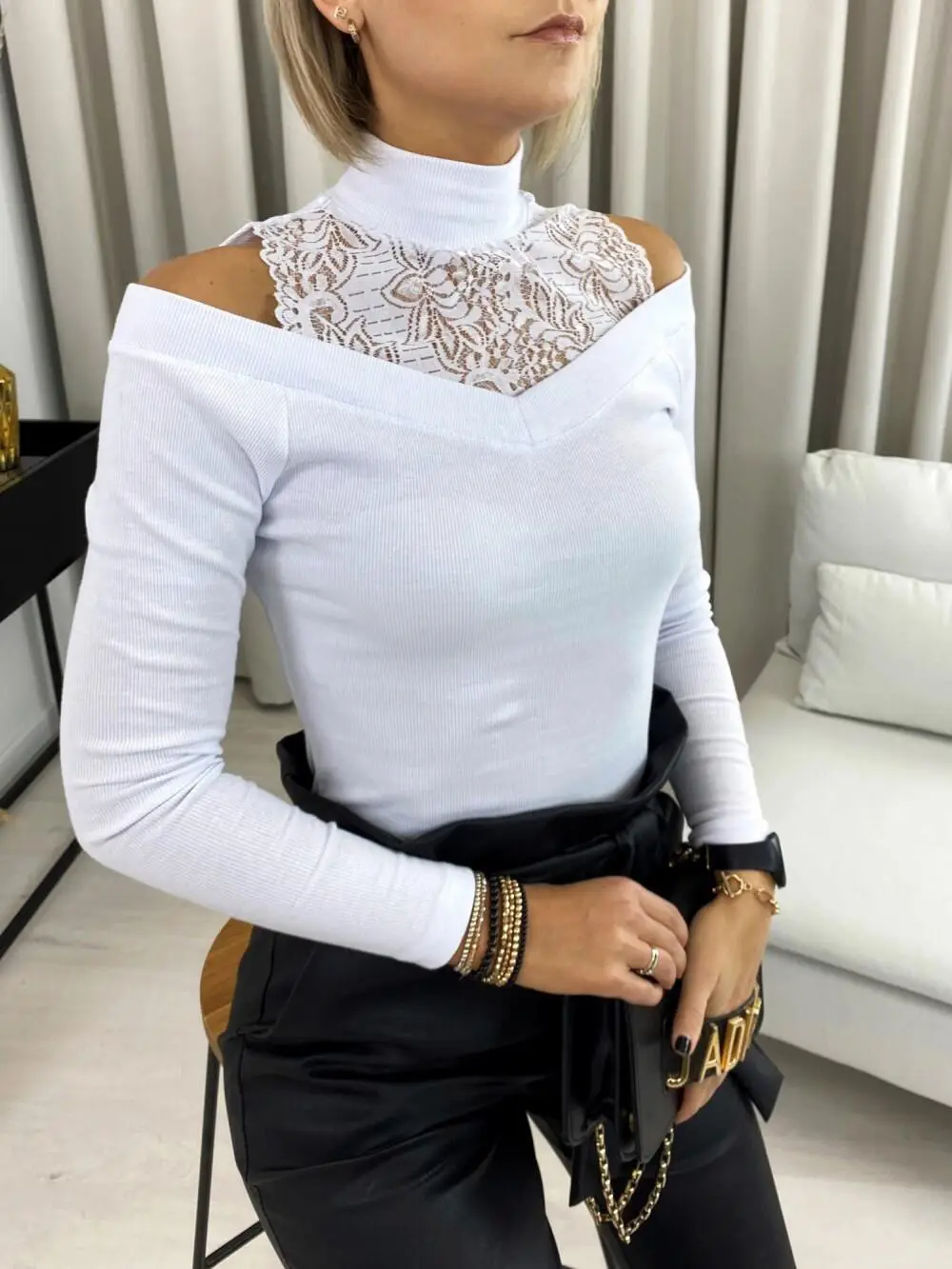 White Lace Off-Shoulder Long Sleeve Top with Embroidered Neckline - Image 3