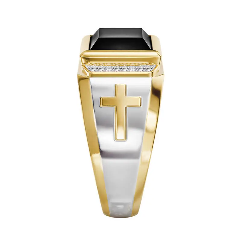 Zhen Rong Gold Cross Black Agate Ring for Men - Image 3