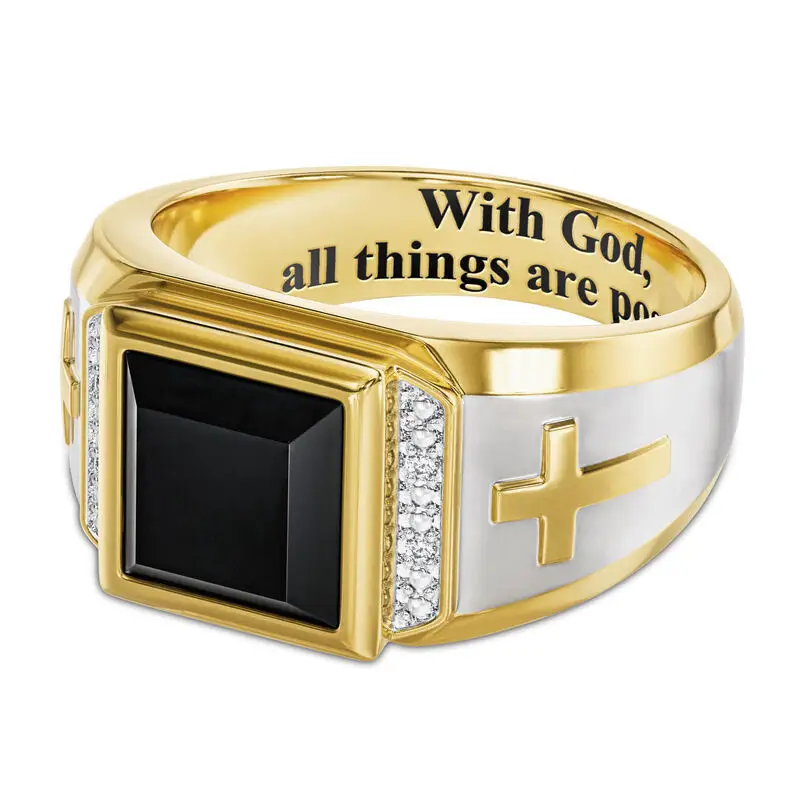 Zhen Rong Gold Cross Black Agate Ring for Men — feature 4