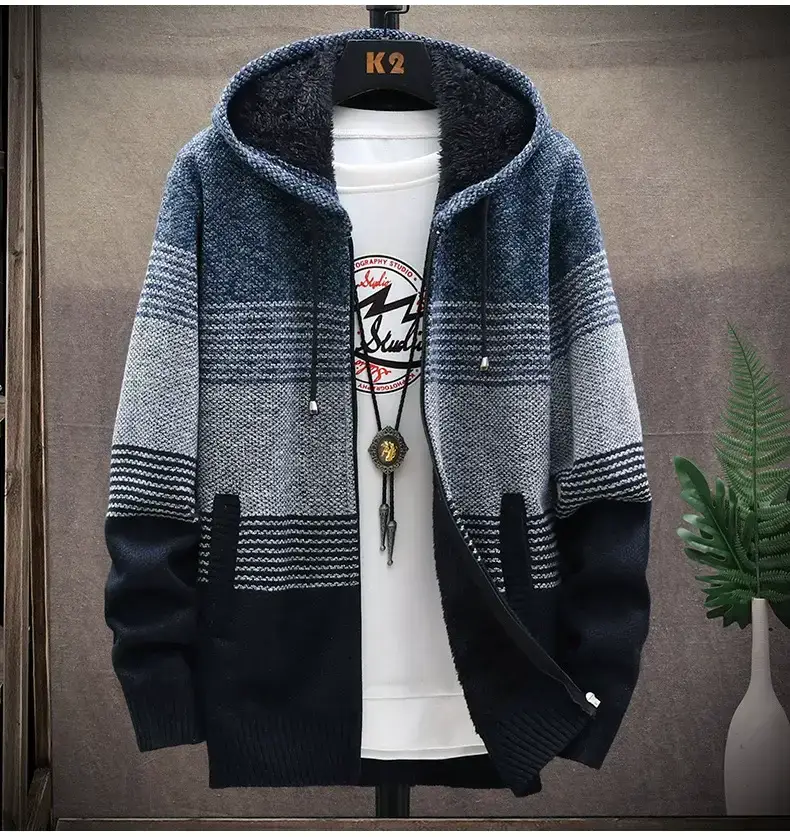 2022 autumn and winter Amazon New plus velvet padded sweater large size Foreign Trade men's coat hooded cardigan wholesale — feature 7