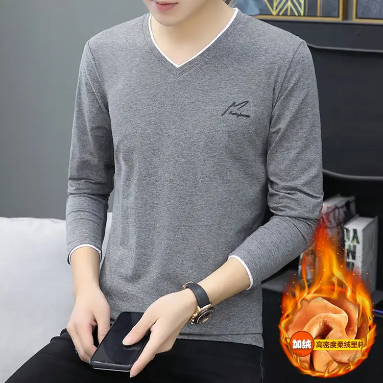 Men V-Neck Grey Long Sleeve Winter T-Shirt - Image 8