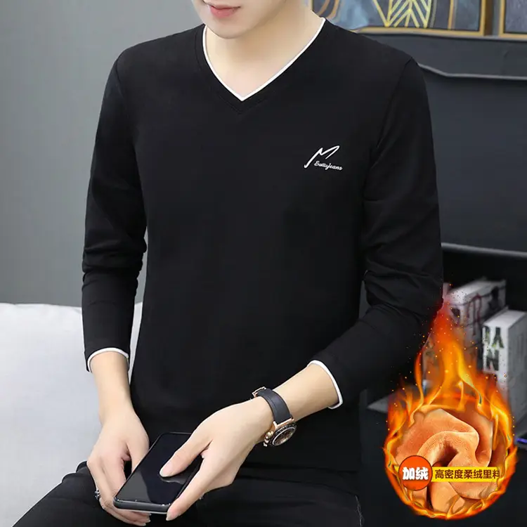 Men V-Neck Grey Long Sleeve Winter T-Shirt - Image 7