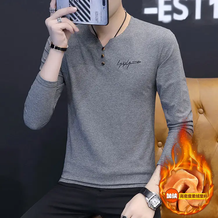 Men V-Neck Grey Long Sleeve Winter T-Shirt - Image 2
