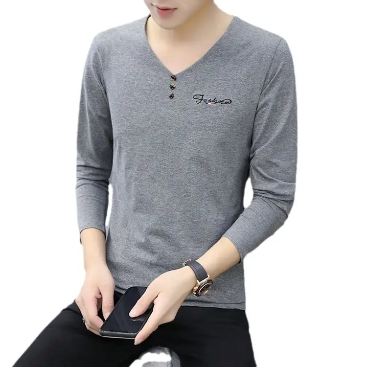 Men V-Neck Grey Long Sleeve Winter T-Shirt - Image 10