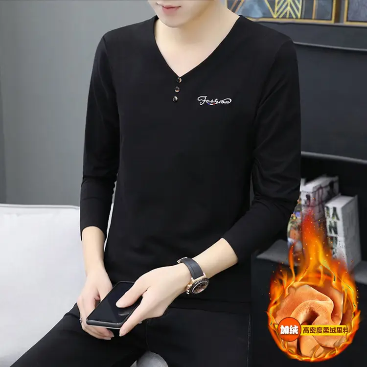 Men V-Neck Grey Long Sleeve Winter T-Shirt - Image 4