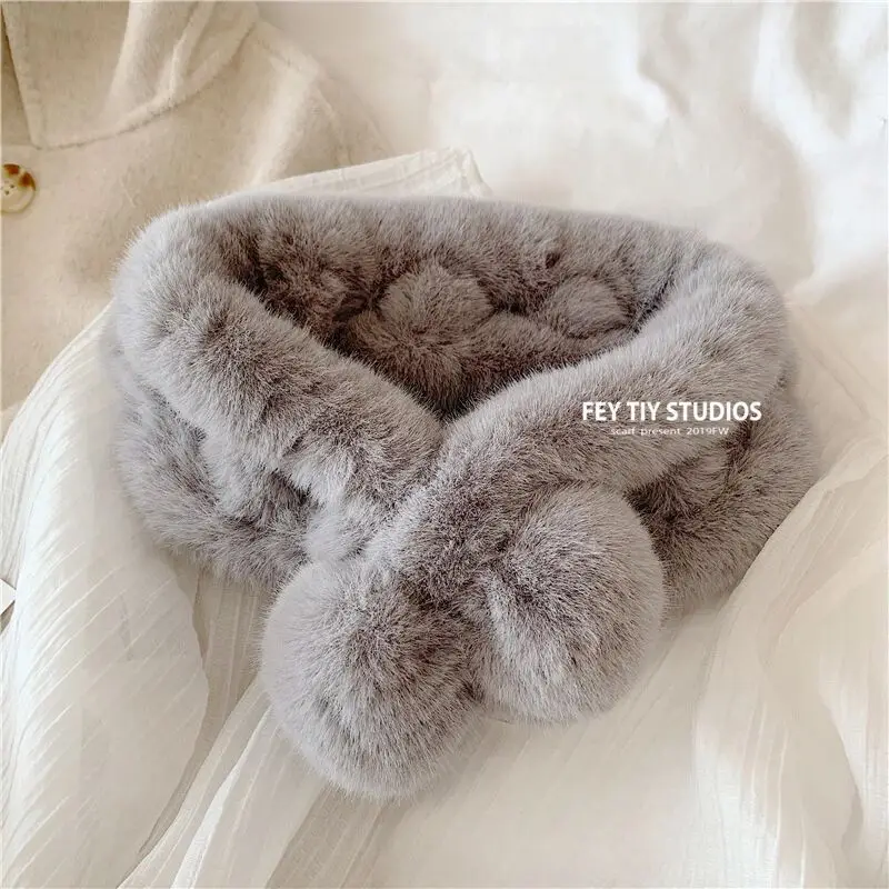 Women's Rex Fur Cross Ball Scarf Winter Warm - Image 9