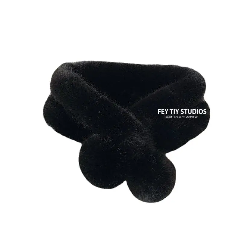 Women's Rex Fur Cross Ball Scarf Winter Warm - Image 10