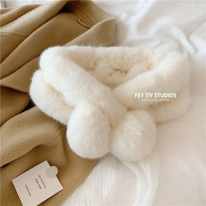 Women's Rex Fur Cross Ball Scarf Winter Warm - Image 3