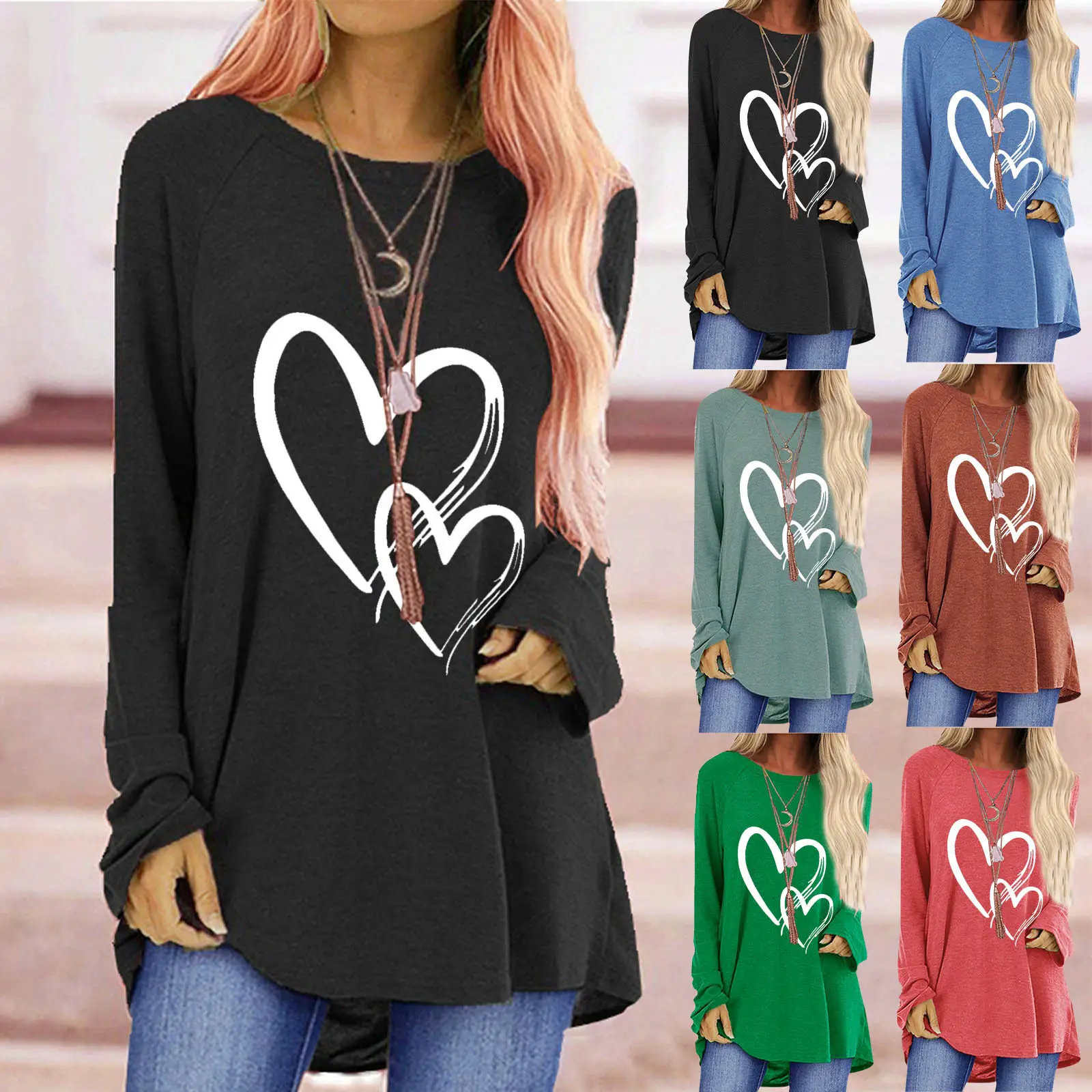 Women Long Sleeve Heart Print T-Shirt Brown - Image 7