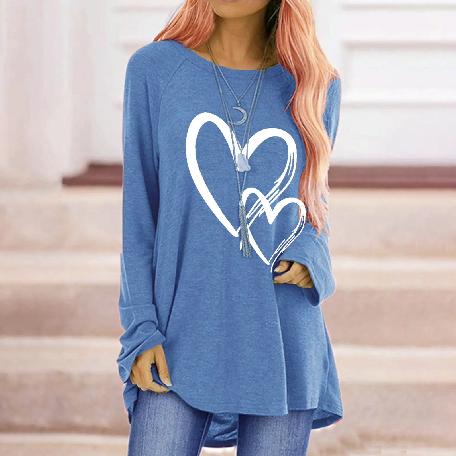 Women Long Sleeve Heart Print T-Shirt Brown - Image 8