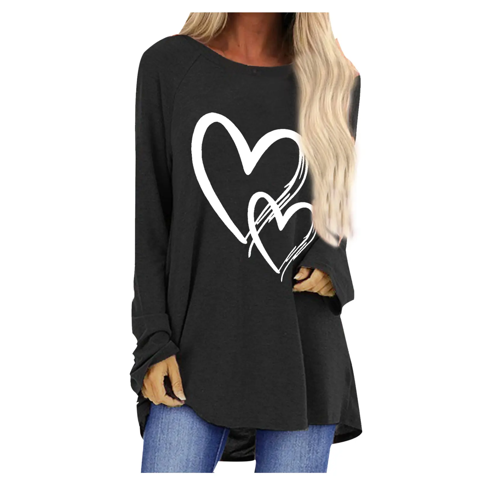 Women Long Sleeve Heart Print T-Shirt Brown - Image 11