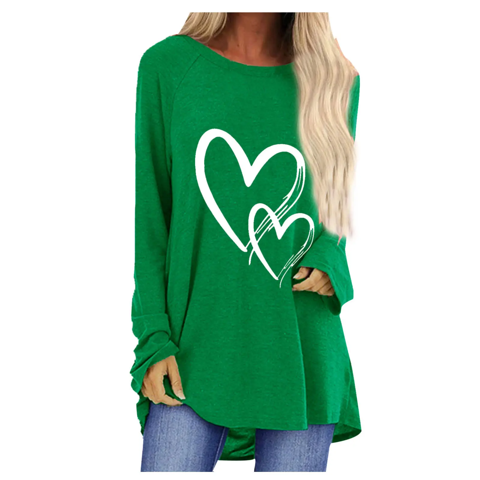 Women Long Sleeve Heart Print T-Shirt Brown - Image 2
