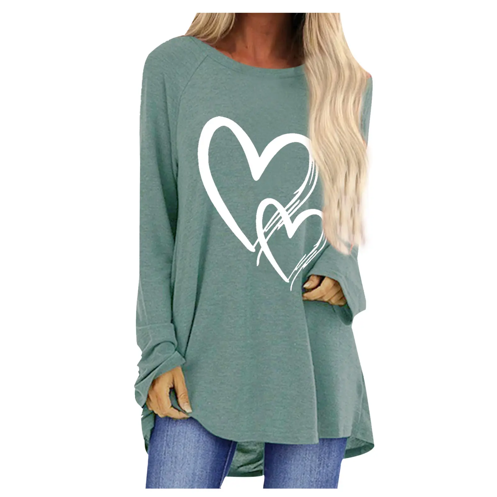 Women Long Sleeve Heart Print T-Shirt Brown - Image 3