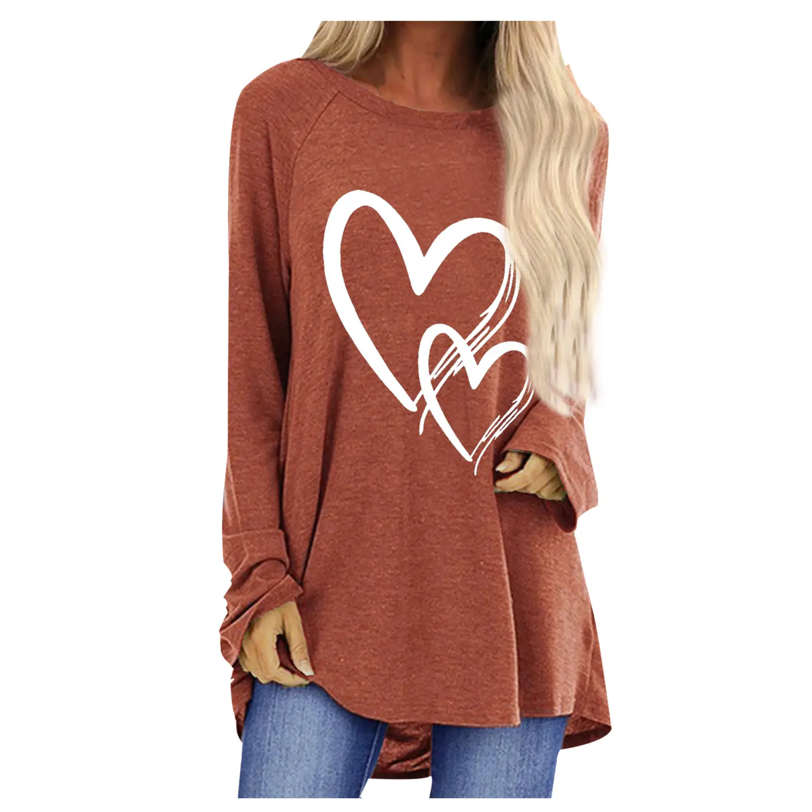 Women Long Sleeve Heart Print T-Shirt Brown - Image 4