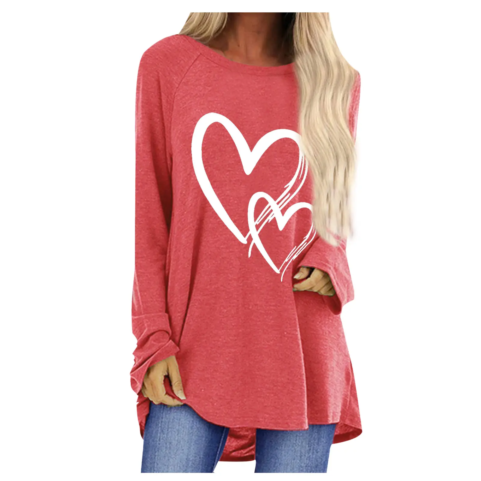 Women Long Sleeve Heart Print T-Shirt Brown - Image 5