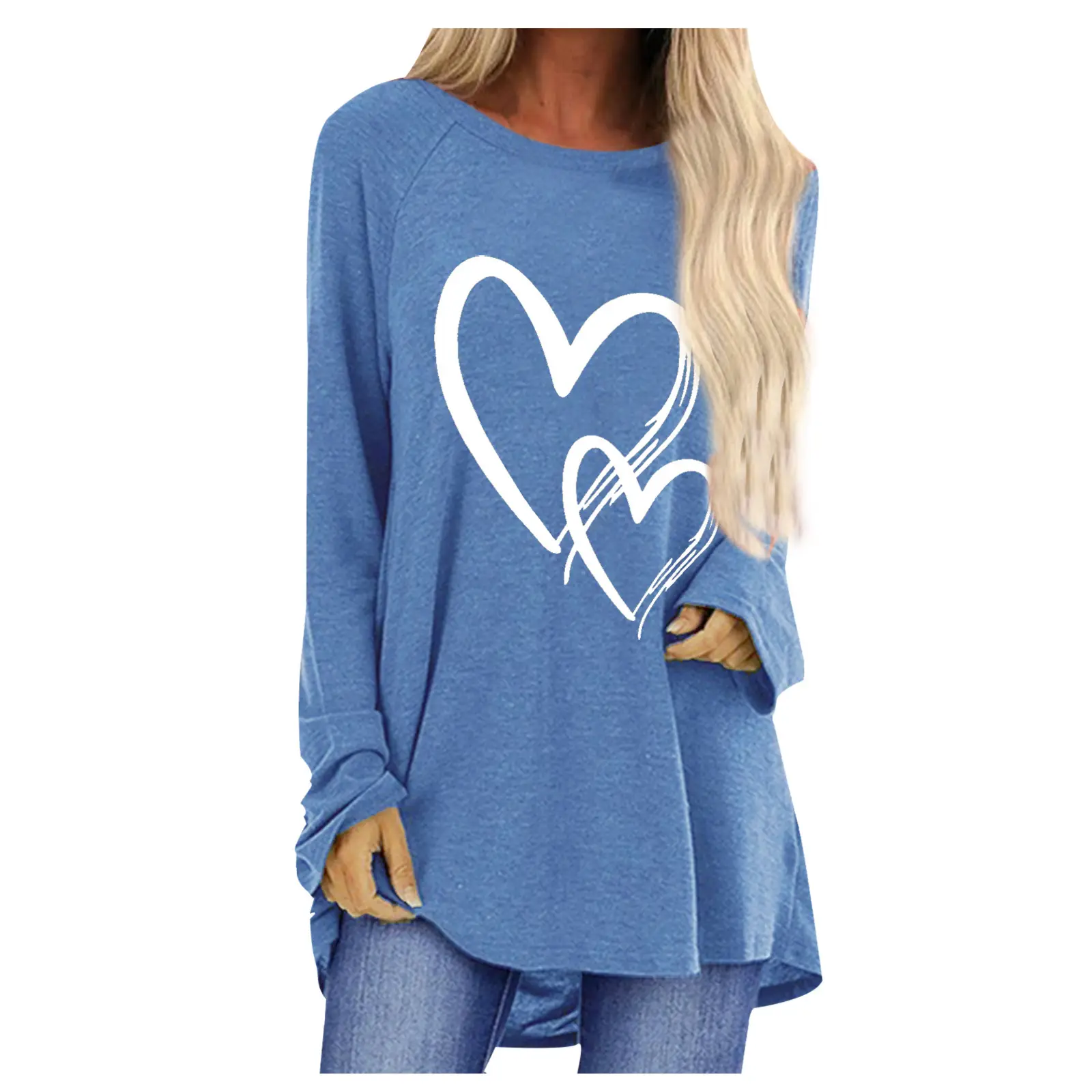 Women Long Sleeve Heart Print T-Shirt Brown - Image 6