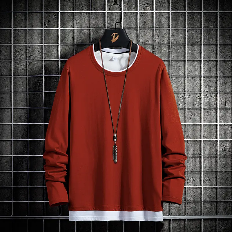 Men Pure Cotton T-Shirt White Long Sleeve Round Neck