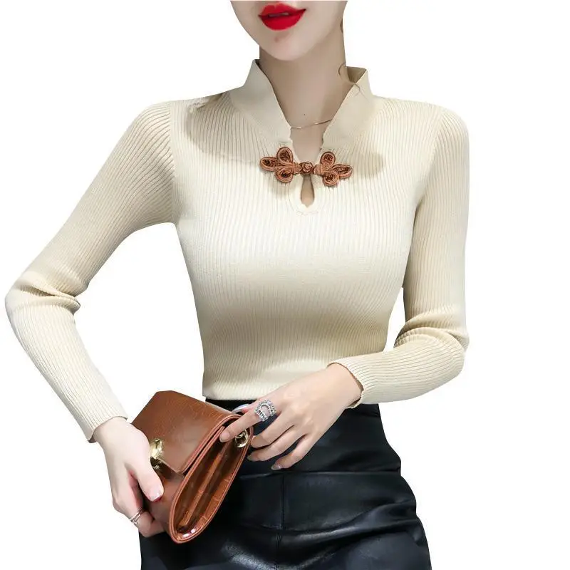 Women's Cream Knit Long-Sleeve Slim Shirt with Button Front - Image 10