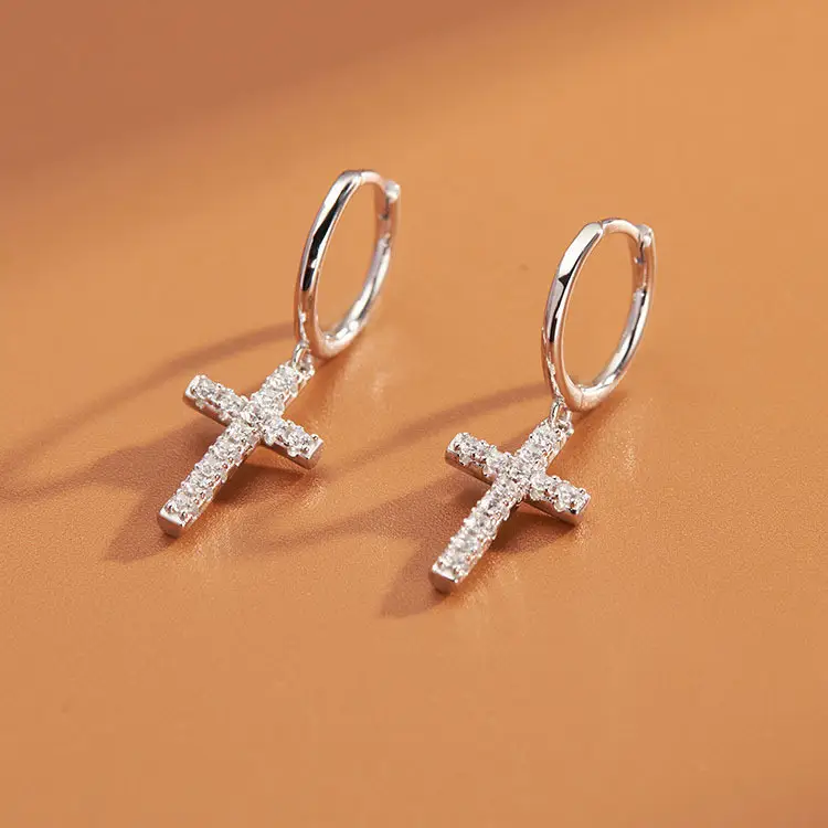 925 Sterling Silver Cross Diamond Earrings for Women - Image 4