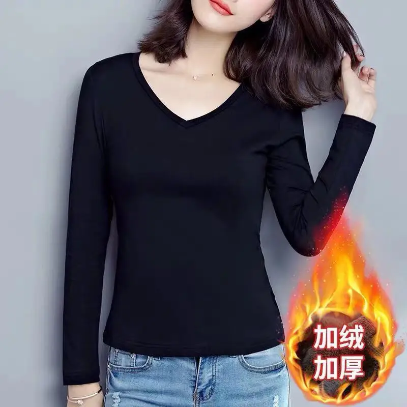 Women Fleece Lined Long Sleeve T-Shirt White - Image 3