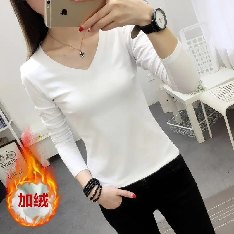 Women Fleece Lined Long Sleeve T-Shirt White - Image 4