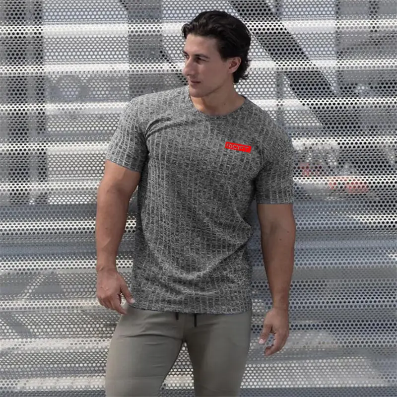 Men's Gray Muscle Sports Round Neck Slim Fit T-Shirt - Image 7