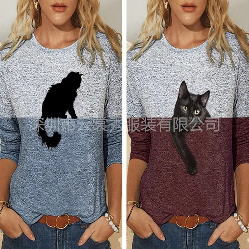 2021 Printed Long Sleeve T-Shirt with Black Cat Design
