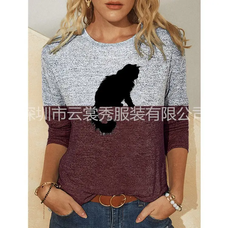 2021 Printed Long Sleeve T-Shirt with Black Cat Design