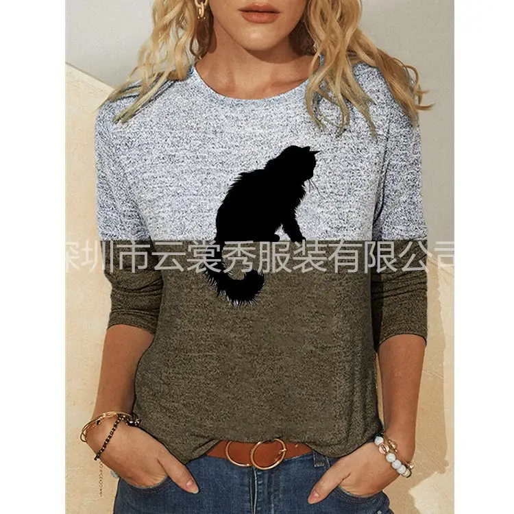 2021 Printed Long Sleeve T-Shirt with Black Cat Design