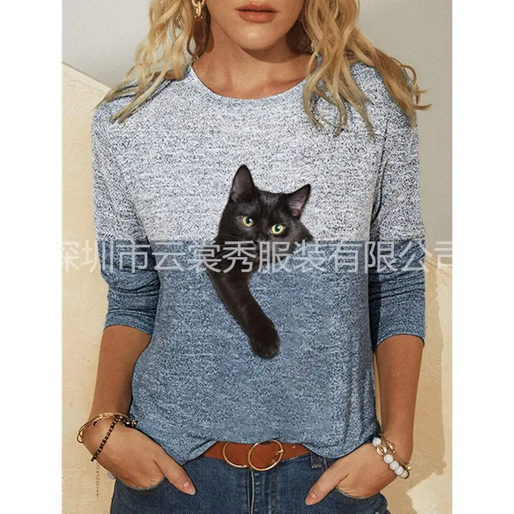 2021 Printed Long Sleeve T-Shirt with Black Cat Design