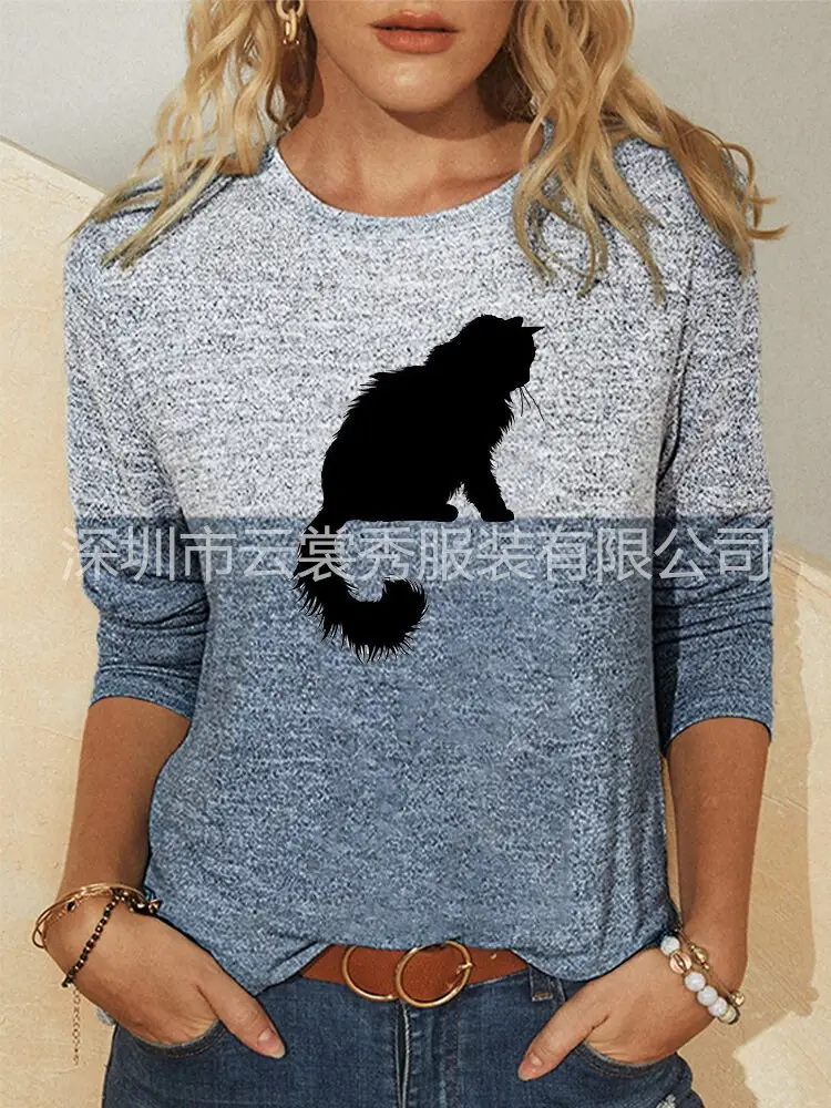 2021 Printed Long Sleeve T-Shirt with Black Cat Design