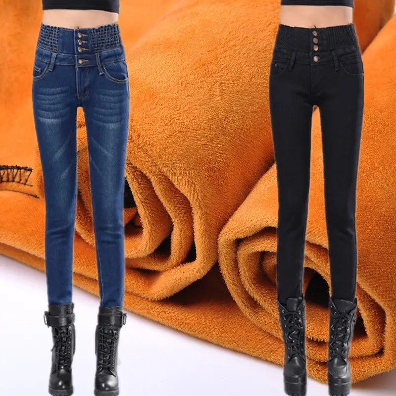 Women's Winter High Waist Fleece Jeans Blue Skinny