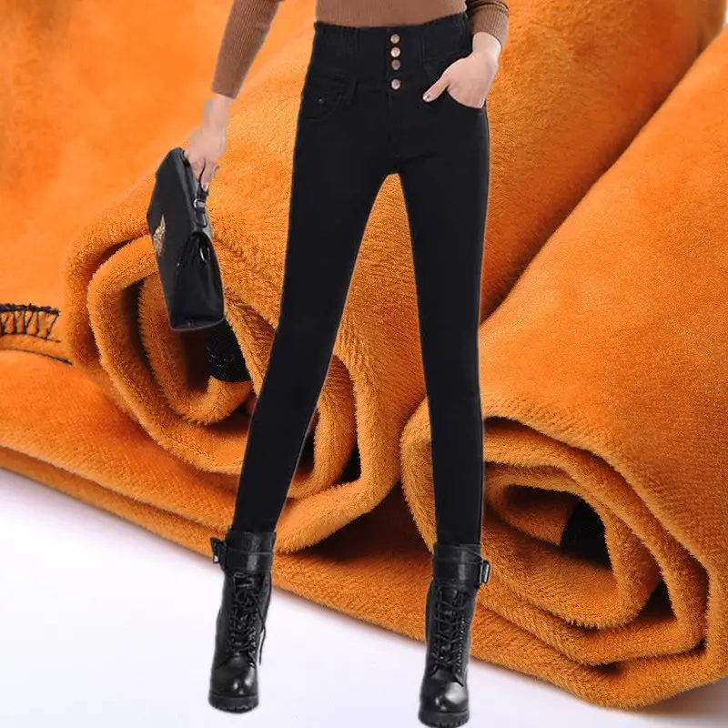 Women's Winter High Waist Fleece Jeans Blue Skinny