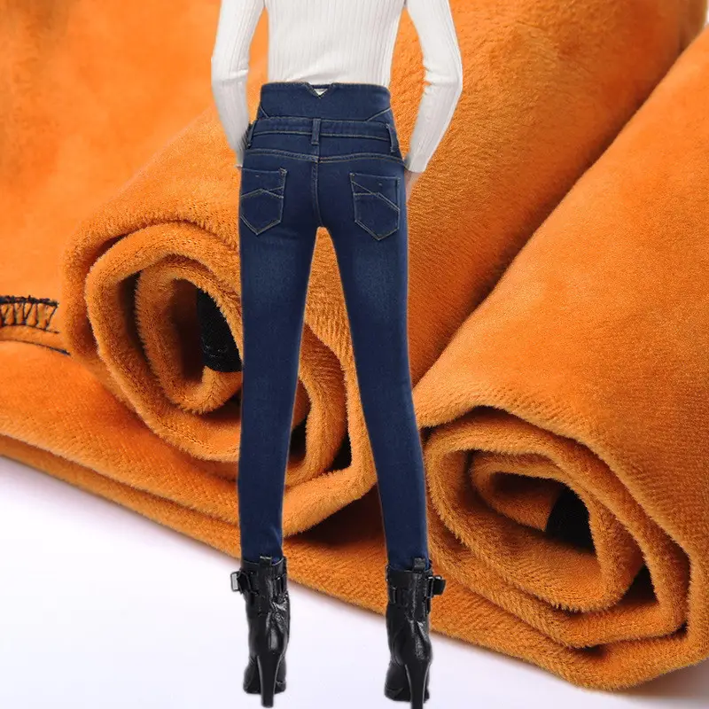 Women's Winter High Waist Fleece Jeans Blue Skinny