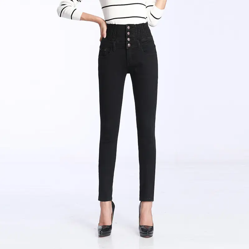 Women's Winter High Waist Fleece Jeans Blue Skinny