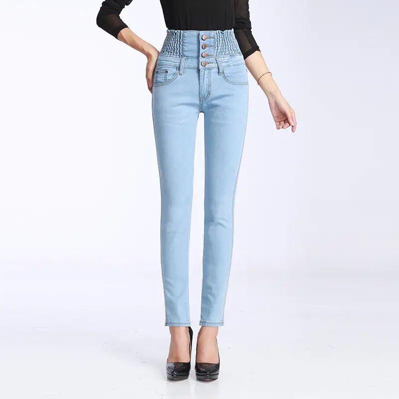 Women's Winter High Waist Fleece Jeans Blue Skinny